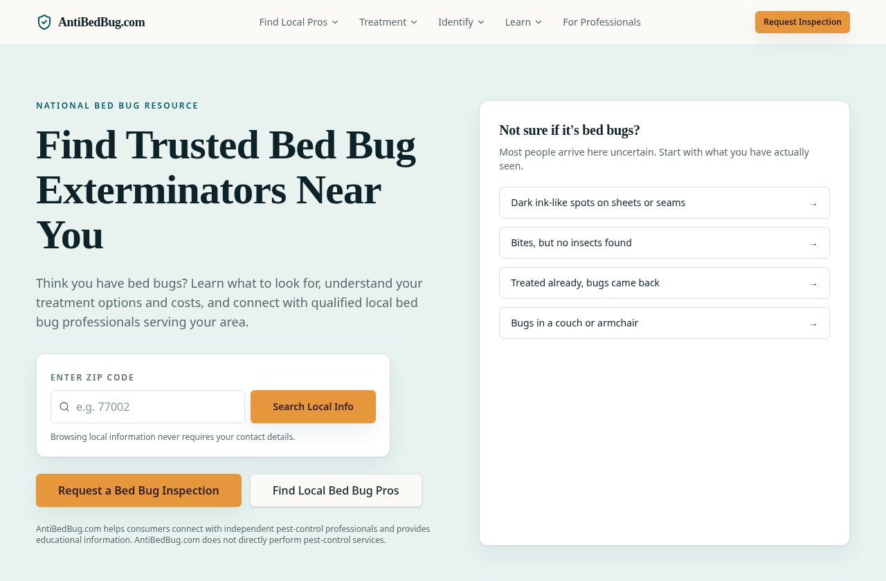AntiBedBug.com | Bed Bug Exterminator Directory live website preview